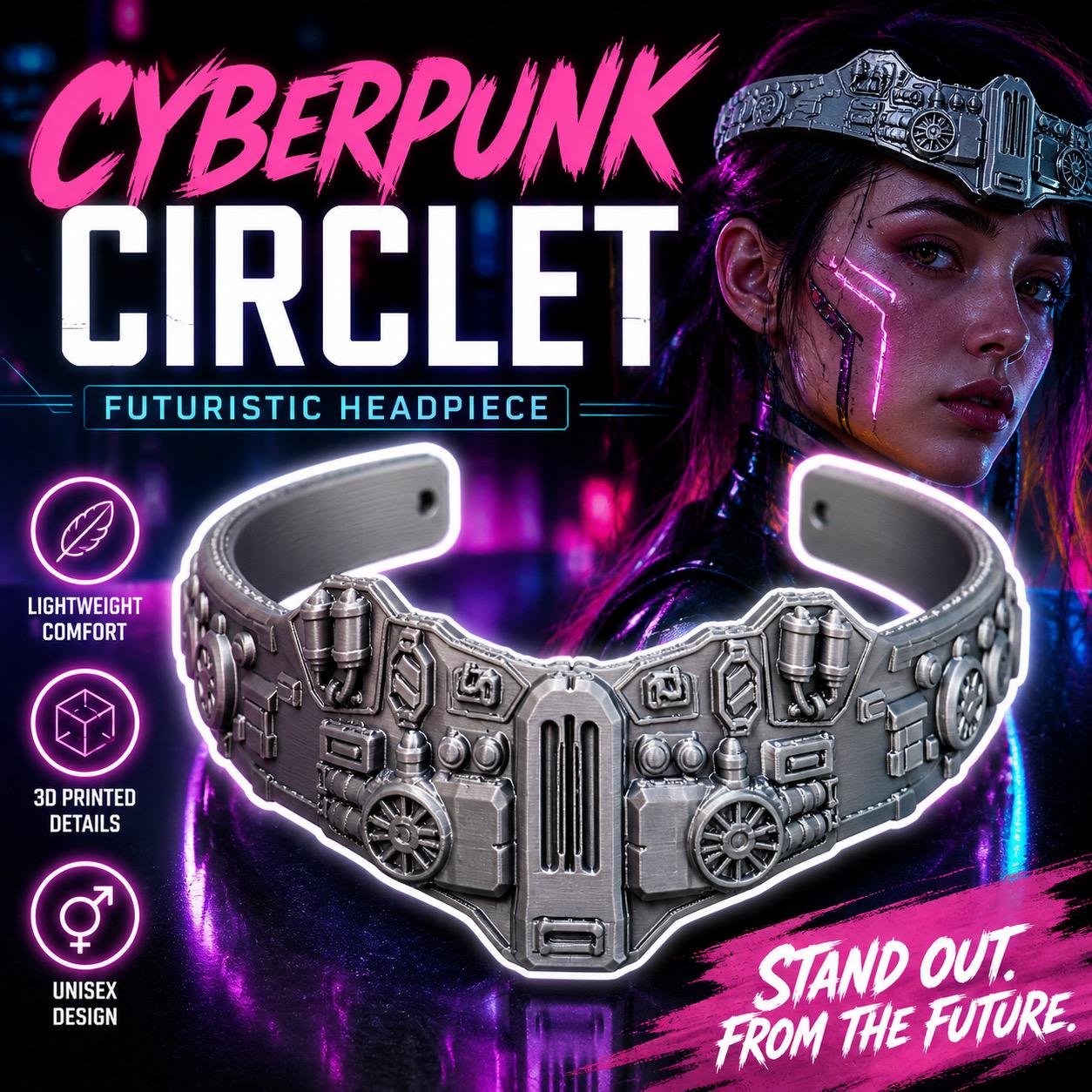 Cyberpunk Circlet Headpiece | Futuristic Tech Crown | 3D Printed Sci-Fi Headband | Cosplay Cyber Crown | Festival Wear | Unisex Headgear